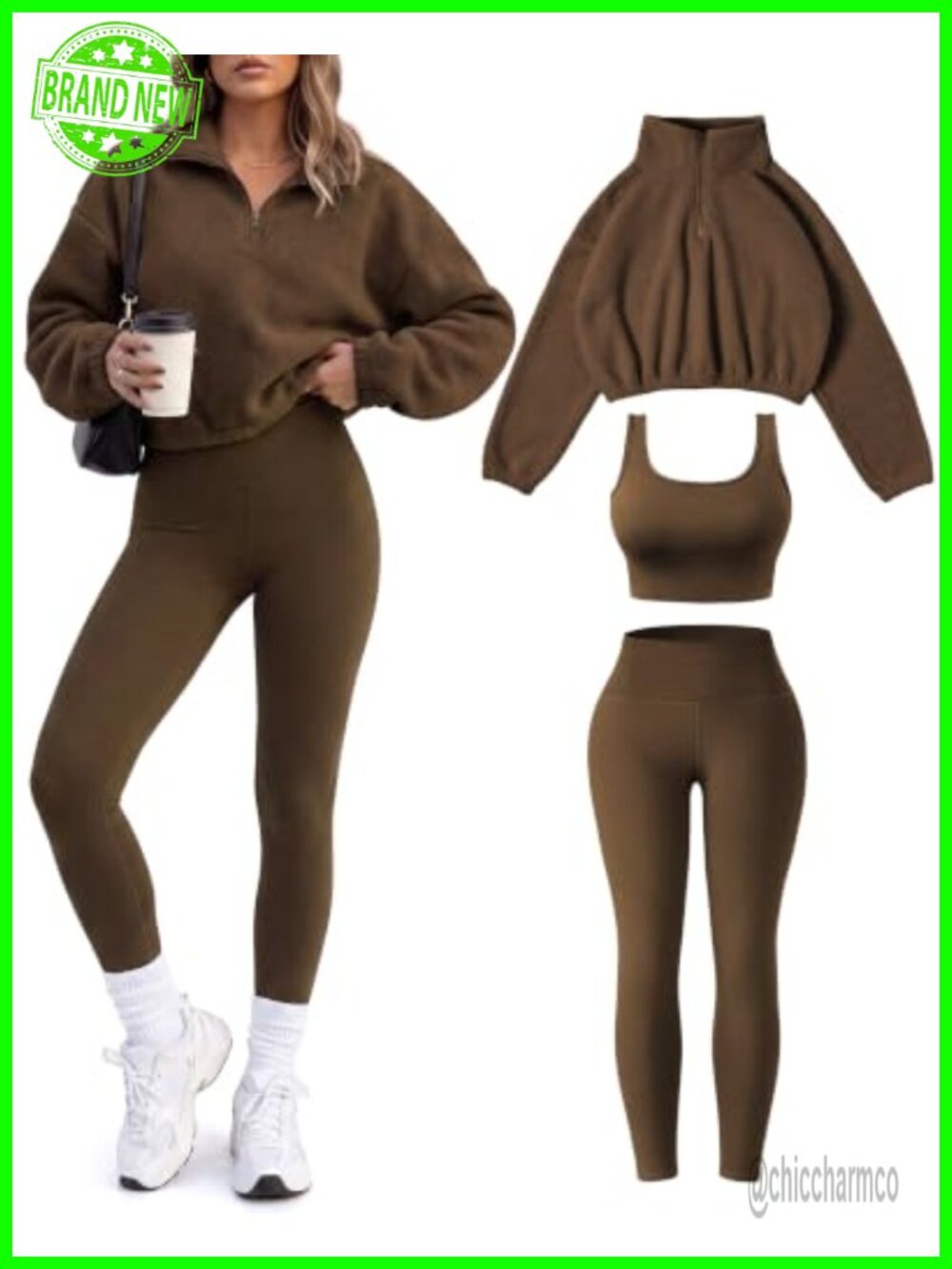 Fleece Workout Set 3 Piece Half Zip Pullover Sports Bra Leggings